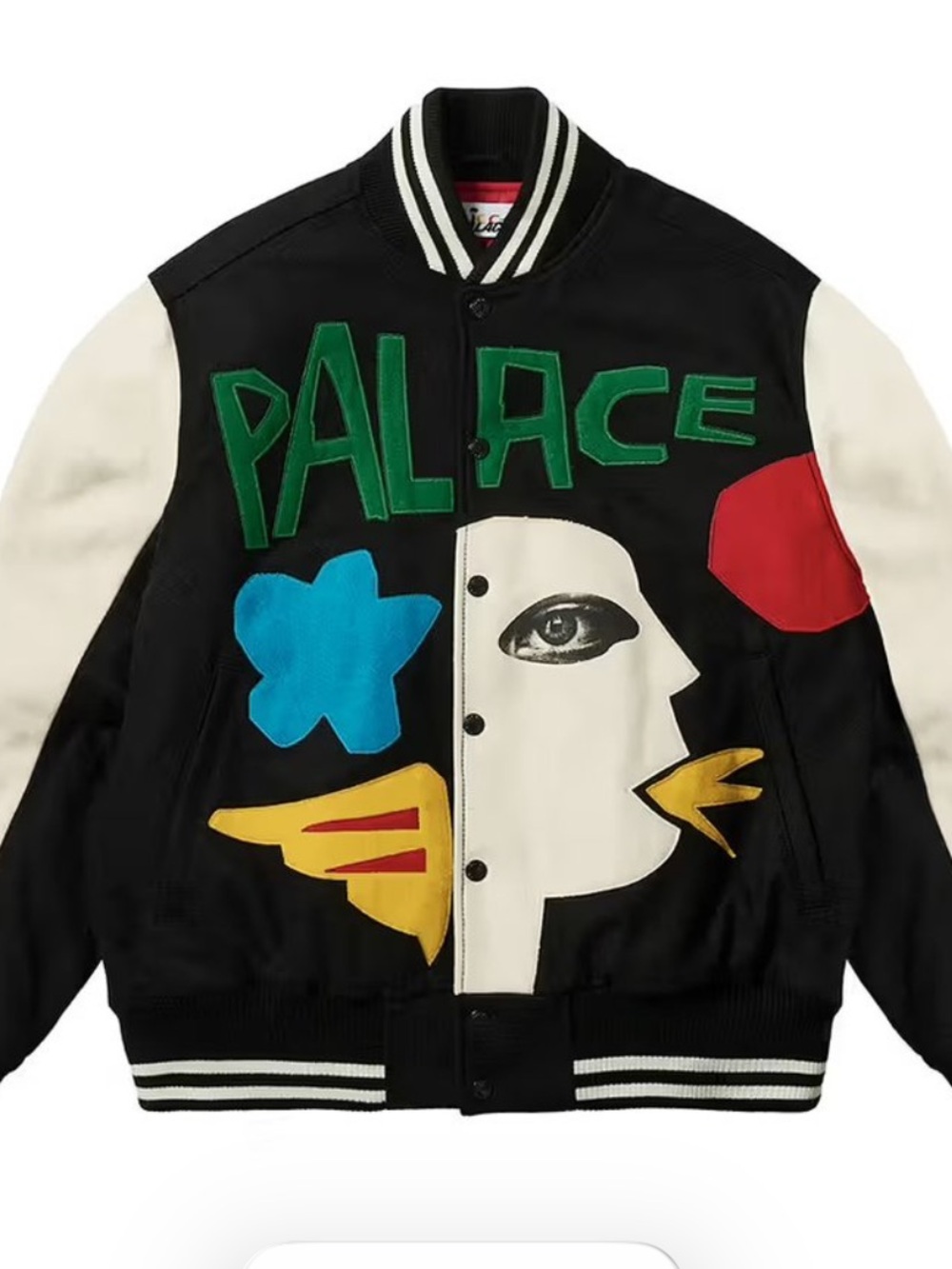 PALACE Black Varsity Jacket with Multicolor Appliqués by JCC+